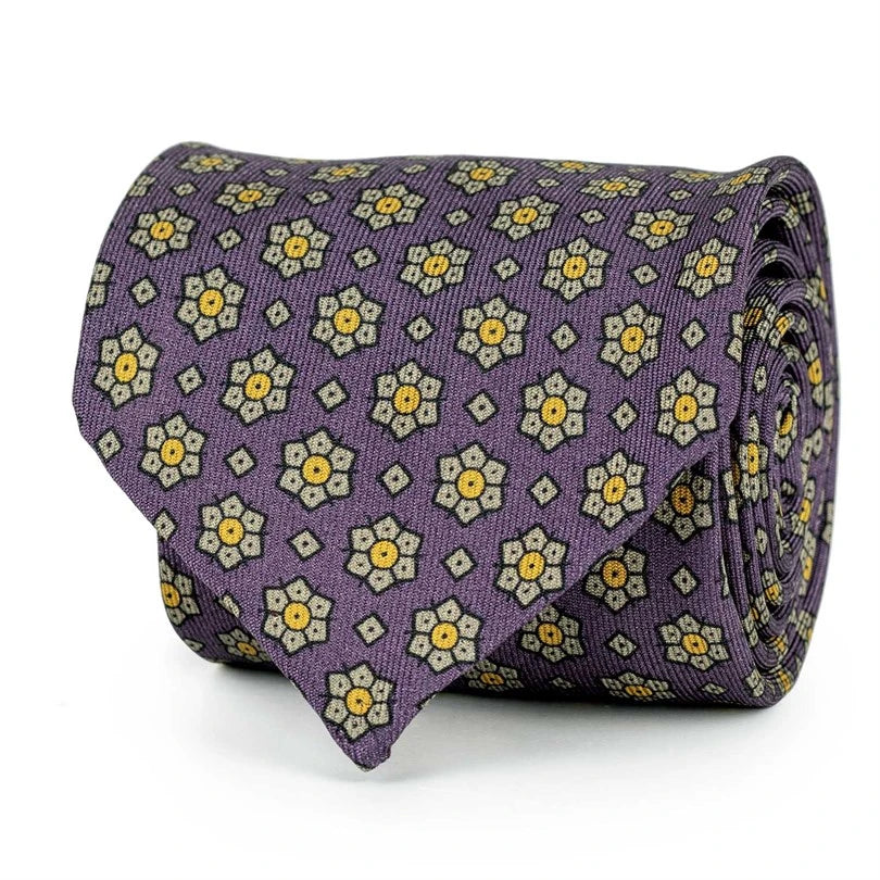 Rubinacci – Wine Silk Twill Tie With Floral Print Rubinacci