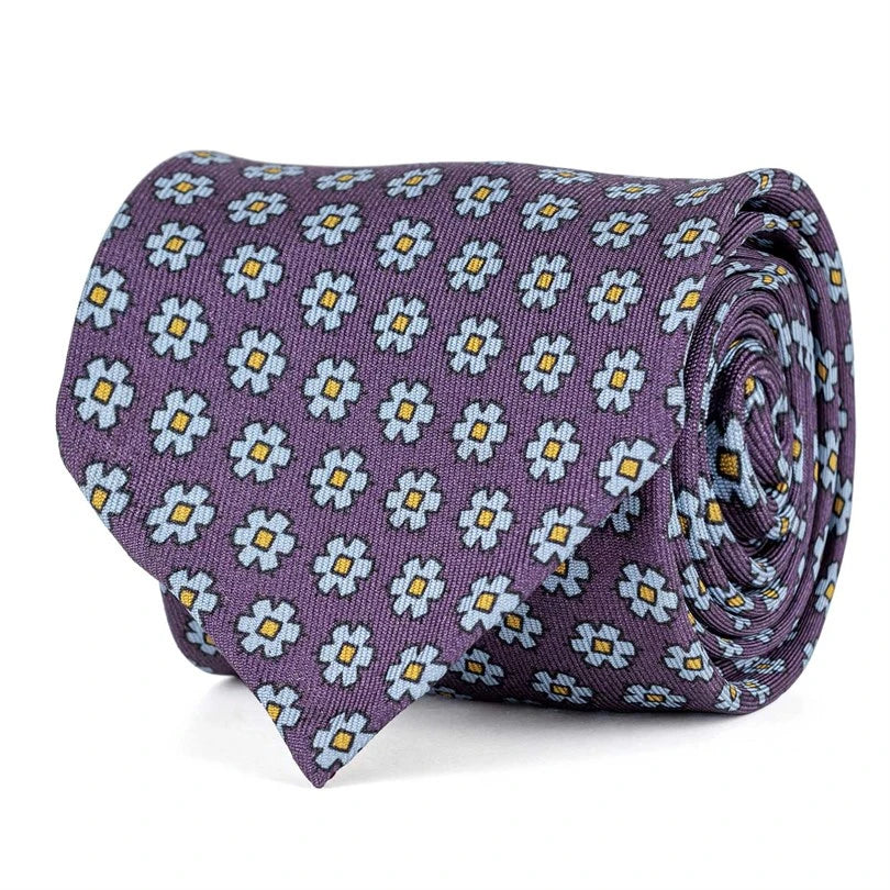 Rubinacci – Wine Silk Twill Tie With Floral Print Rubinacci
