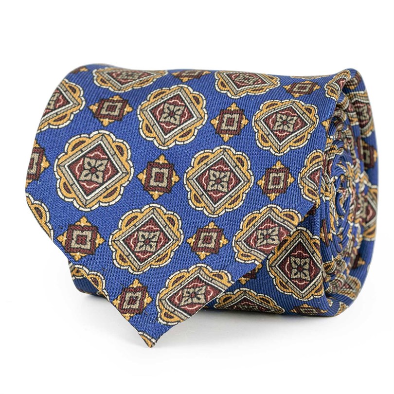 Rubinacci – Blue Silk Twill Tie With Geometric Print Rubinacci