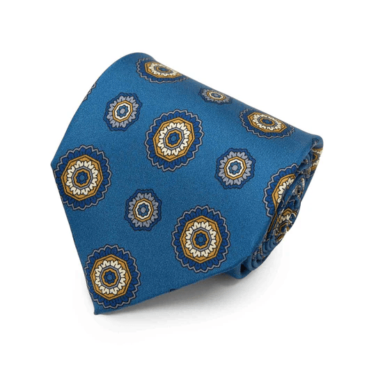 Sera Fine Silk - Blue with Yellow Medallions Silk Tie Sera Fine Silk