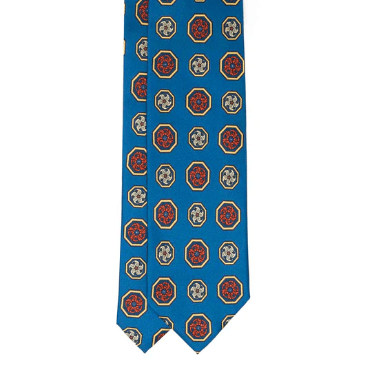 Sera Fine Silk - Blue with Orange and Yellow Medallions Silk Tie Sera Fine Silk
