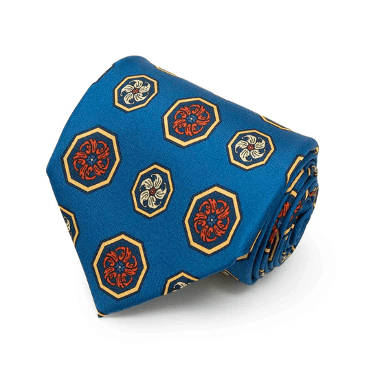 Sera Fine Silk - Blue with Orange and Yellow Medallions Silk Tie Sera Fine Silk