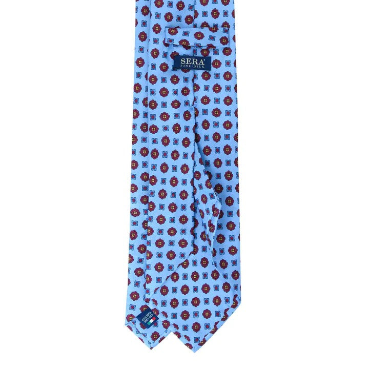 Sera Fine Silk - Light Blue Silk Tie with Burgundy Flowers Pattern