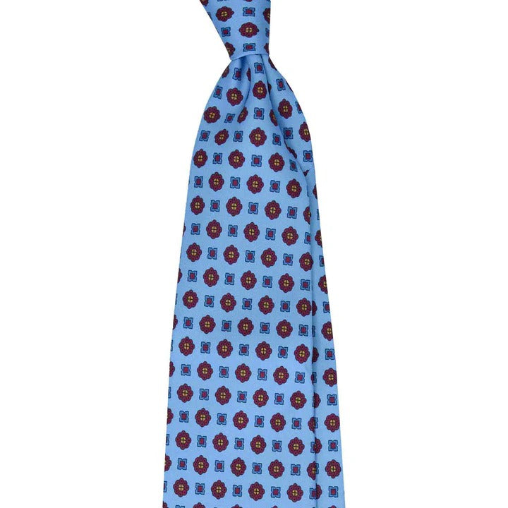 Sera Fine Silk - Light Blue Silk Tie with Burgundy Flowers Pattern