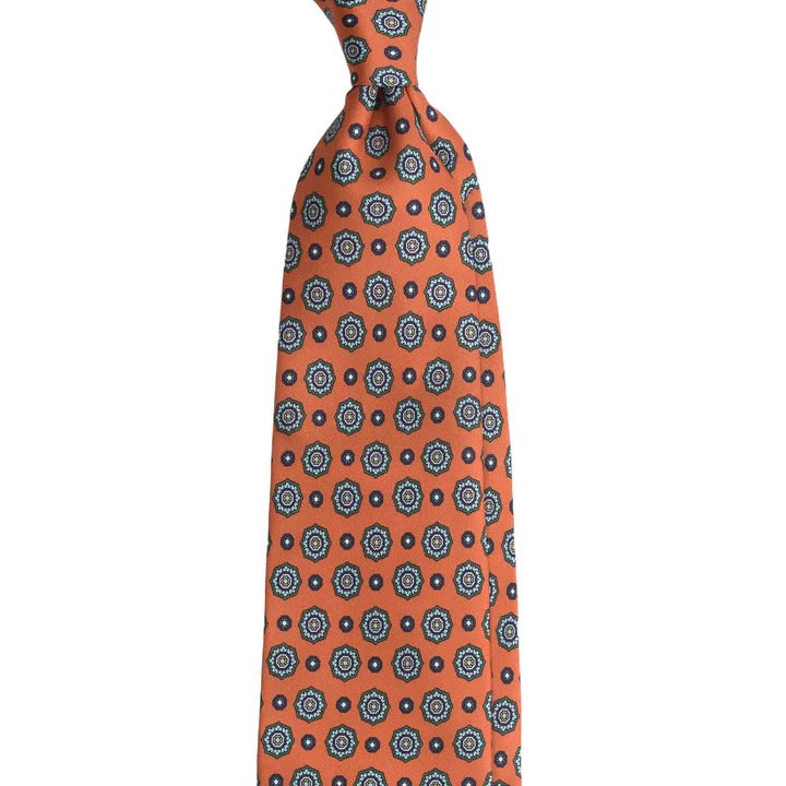 Sera Fine Silk - Orange Unlined Silk Tie with Teal Green Big Medallions