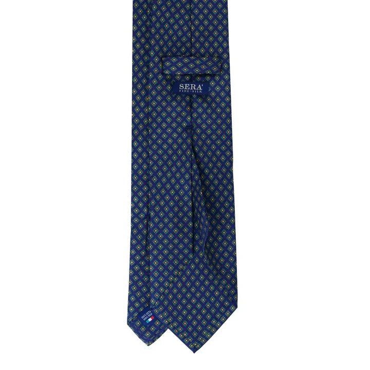 Sera Fine Silk - Navy Blue Silk Tie with Green Squares Pattern