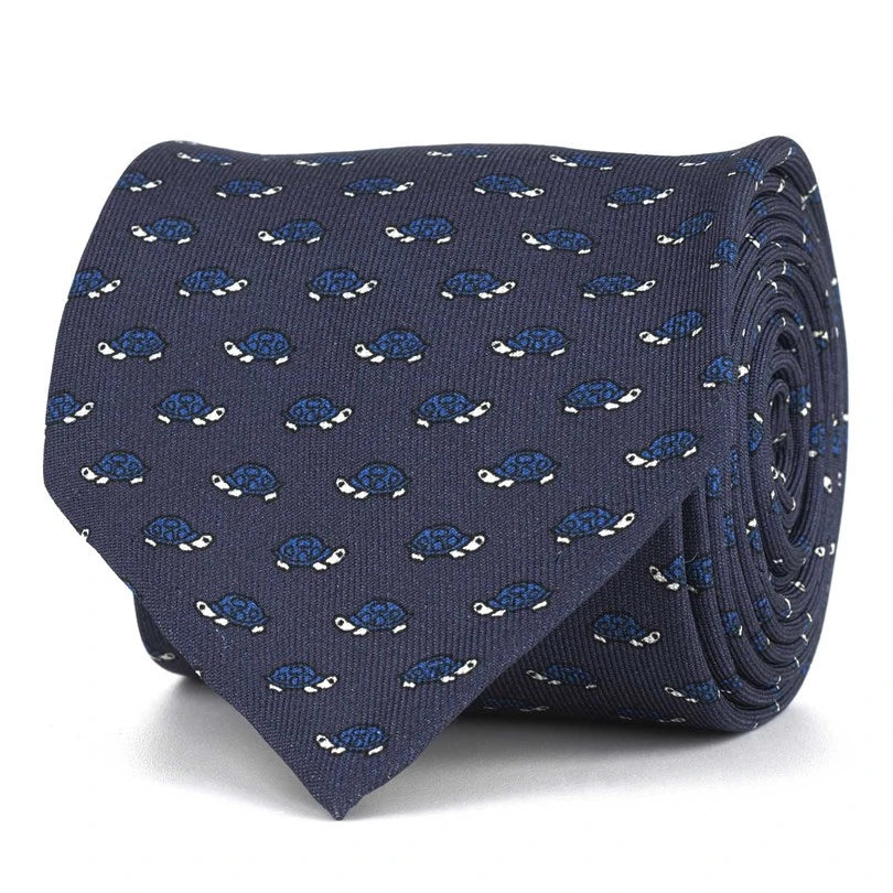 Rubinacci - Silk Twill Tie With Blue Turtle Print Rubinacci