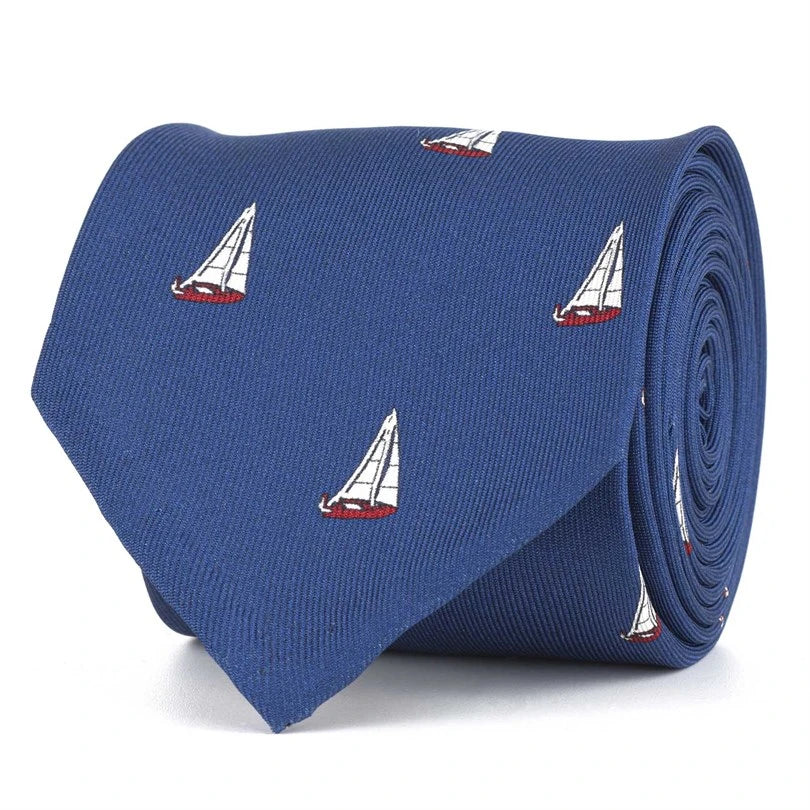 Rubinacci - Steel Blue Silk Twill Tie With Red Sail Print Rubinacci