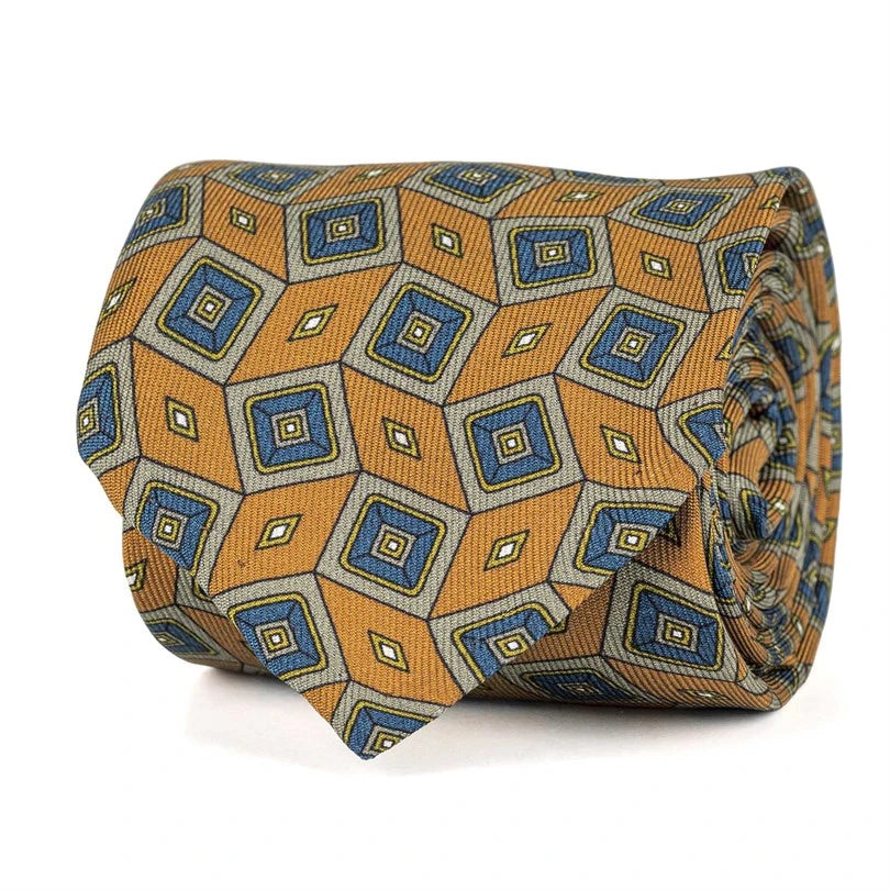 Rubinacci – Orange Silk Twill Tie With Geometric Print