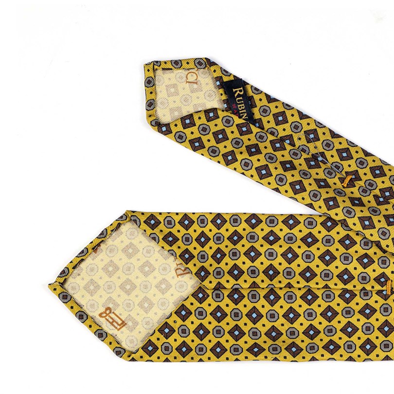 Rubinacci - Yellow Silk Twill Tie With Geometric Print Rubinacci