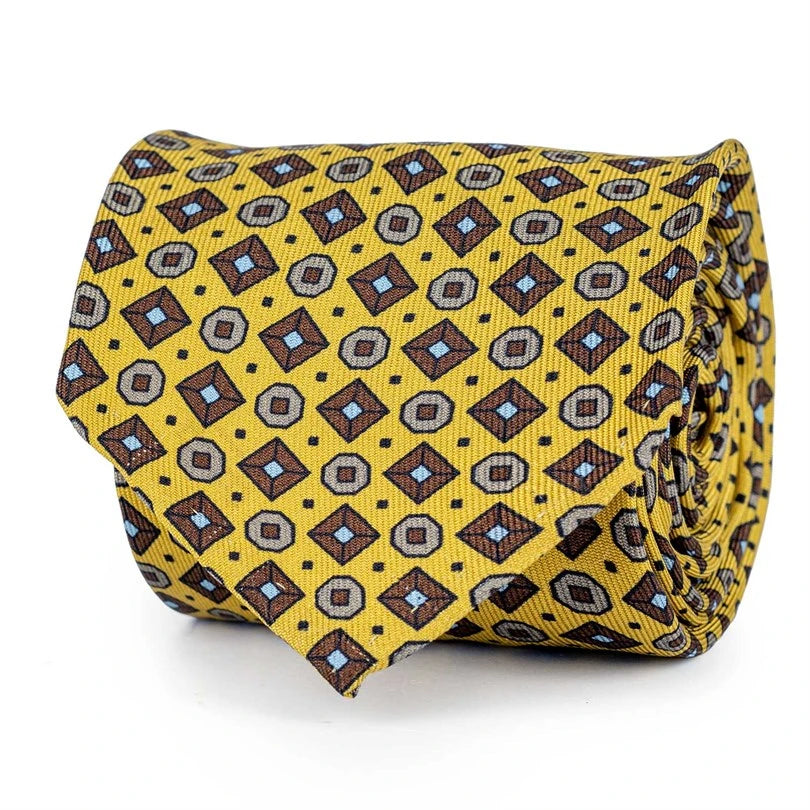 Rubinacci - Yellow Silk Twill Tie With Geometric Print Rubinacci