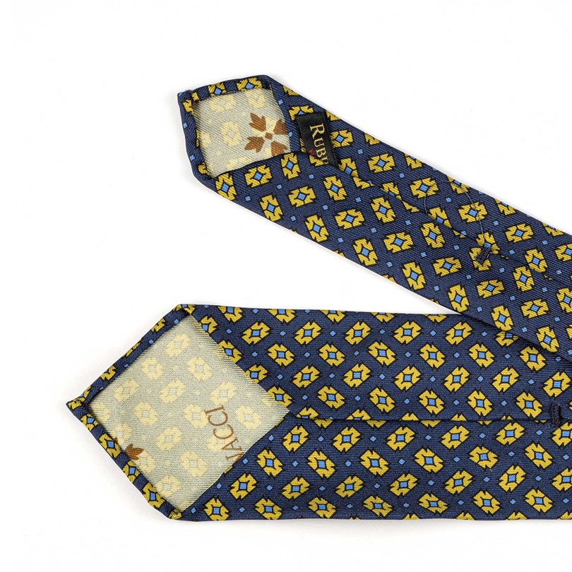 Rubinacci – Blue Silk Twill Tie With Geometric Print Rubinacci