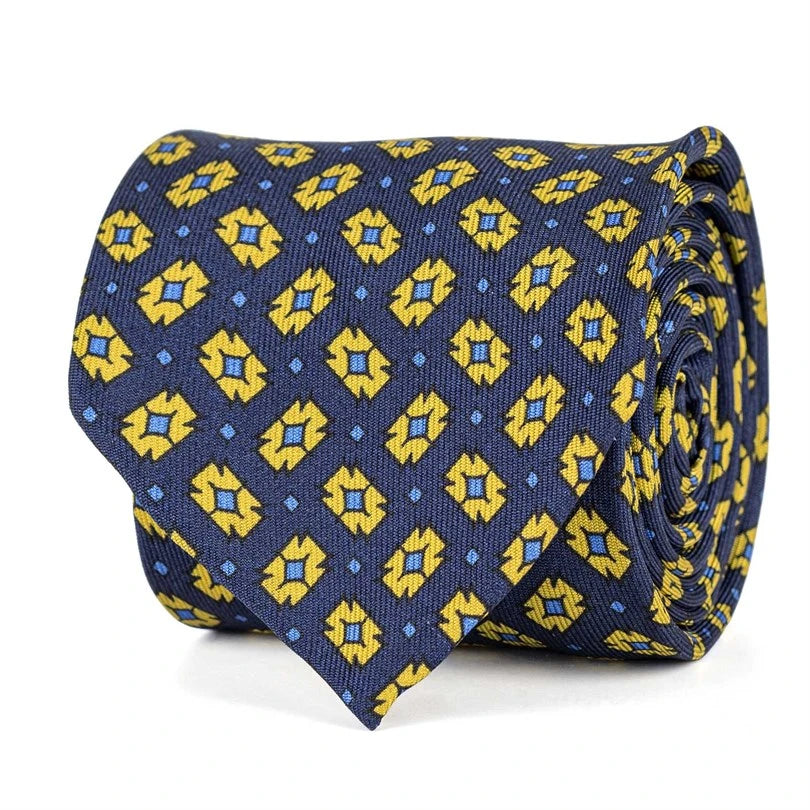 Rubinacci – Blue Silk Twill Tie With Geometric Print Rubinacci