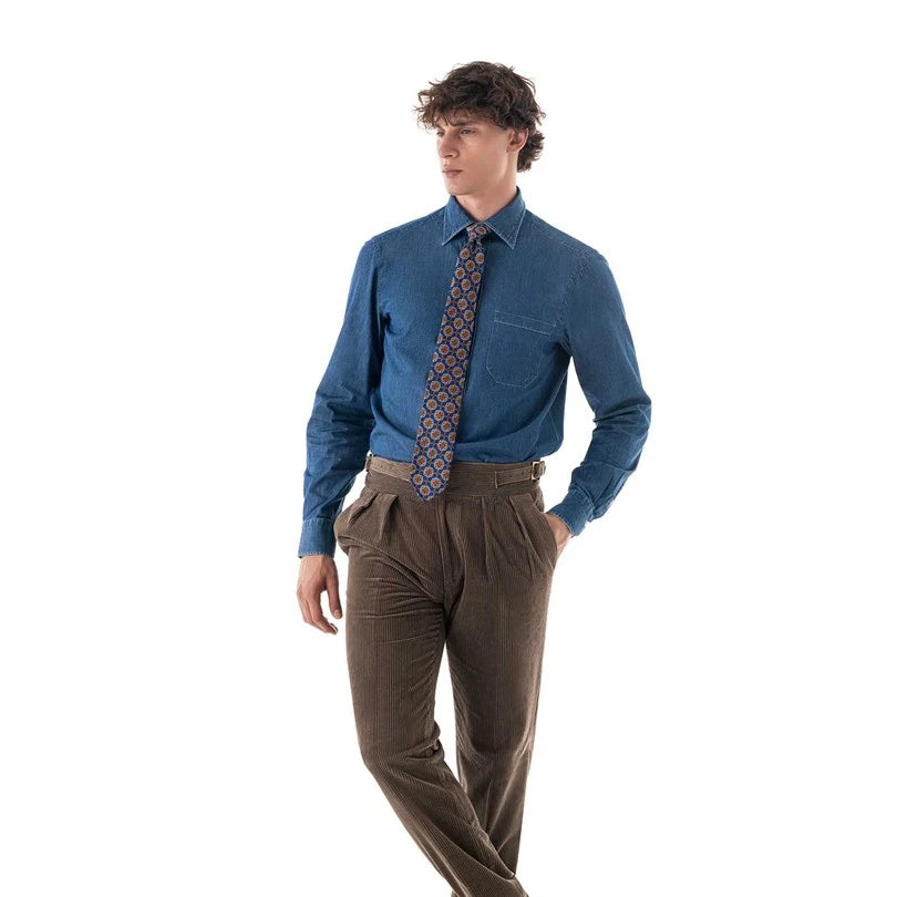 Rubinacci – Blue Silk Twill Tie With Geometric Print Rubinacci