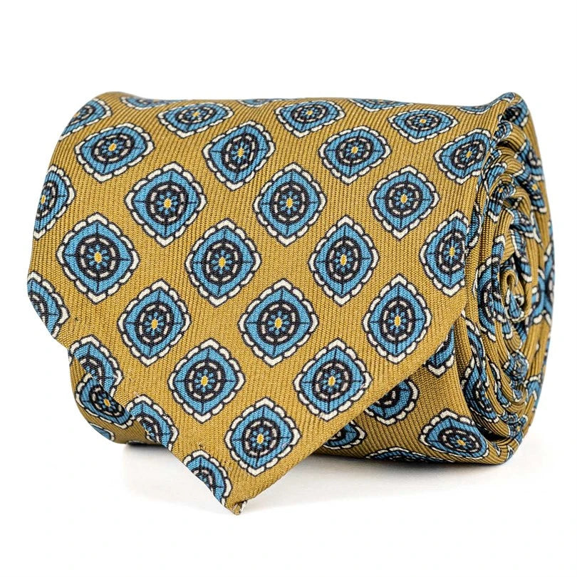 Rubinacci - Mustard Silk Twill Tie With Geometric Print Rubinacci