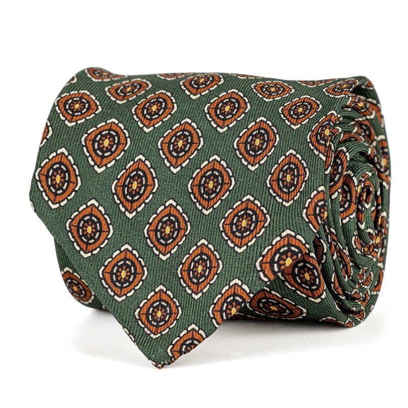 Rubinacci - Green Silk Twill Tie With Geometric Print Rubinacci