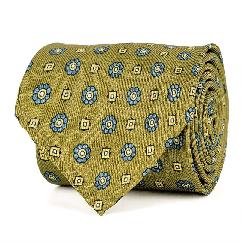 Rubinacci - Mustard Silk Twill Tie With Floral Print Rubinacci