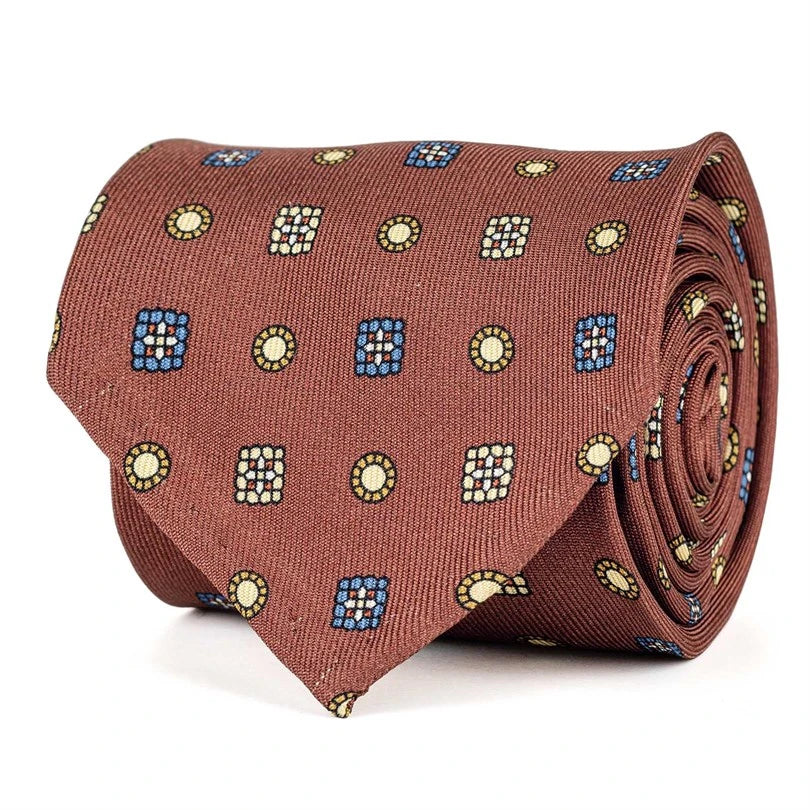 Rubinacci - Brick-Colored Silk Twill Tie With Floral Print