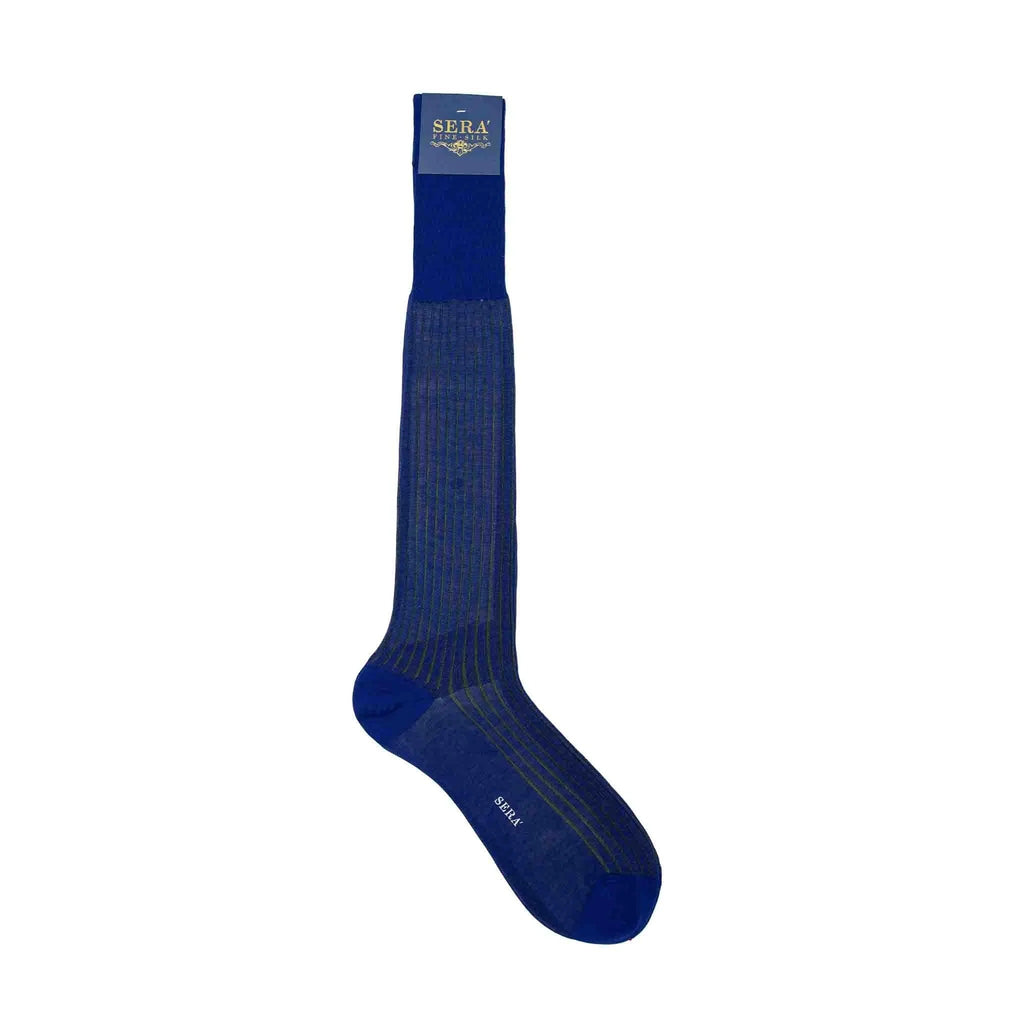 Sera  Fine Silk - Knee Length Socks -Navy & Royal Blue Striped Cotton Socks