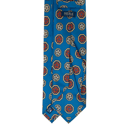 Sera  Fine Silk - Blue with Orange and Yellow Medallions Silk Tie Sera Fine Silk