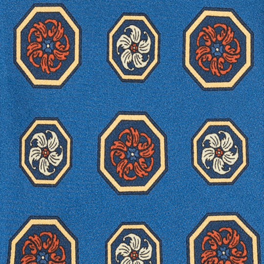 Sera  Fine Silk - Blue with Orange and Yellow Medallions Silk Tie Sera Fine Silk