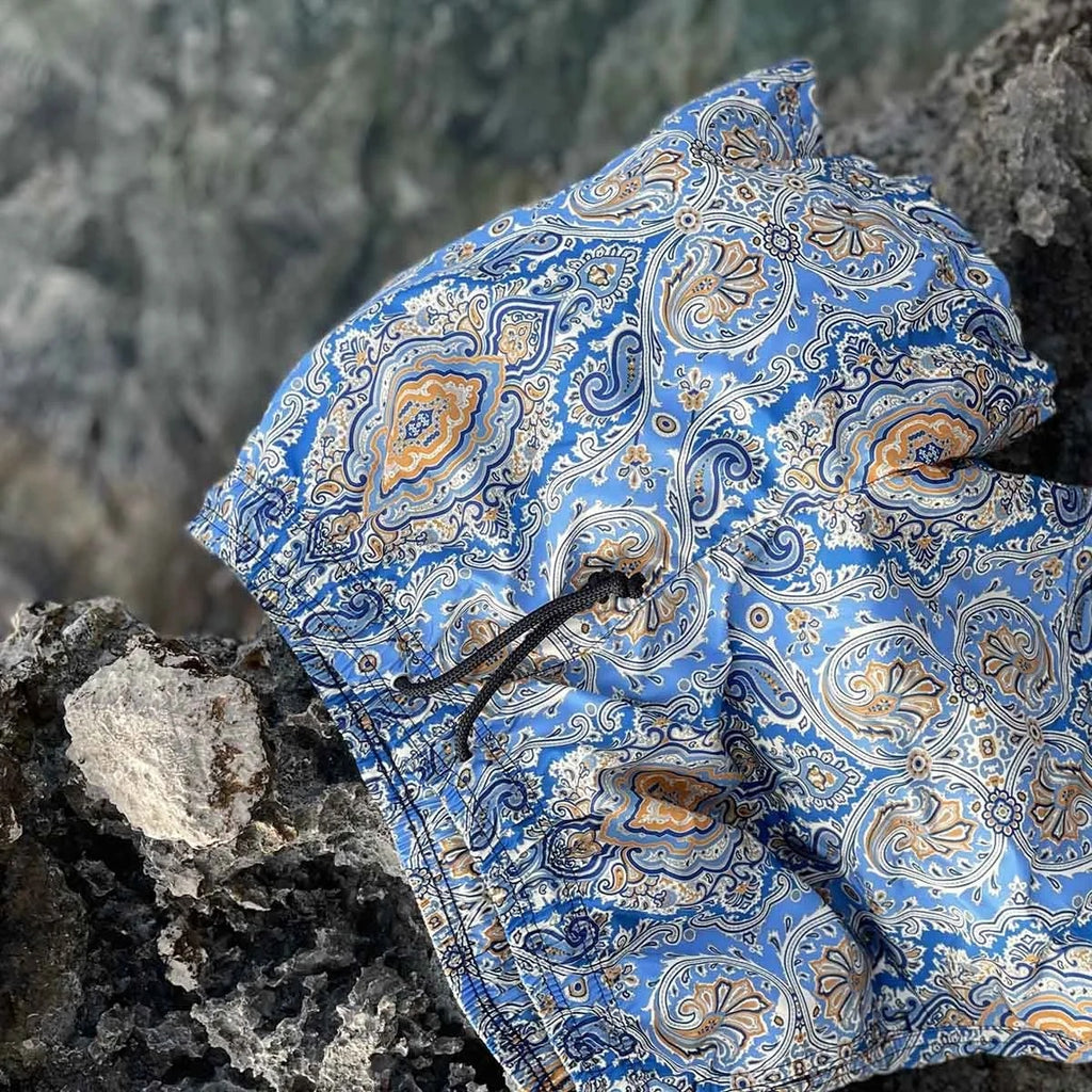 Sera  Fine Silk - Ischia Blue & Orange Swim Trunks