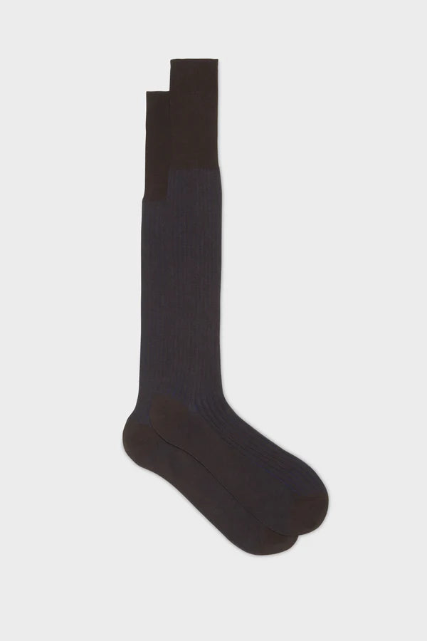 Bresciani - Knee Length Socks - Mario 100% Cotton Socks | Vanisee Brown Blue (268)