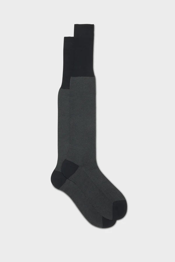 Bresciani - Calf Length Socks - Giulio 100% Cotton Herringbone Socks | Dark Grey (414) Bresciani