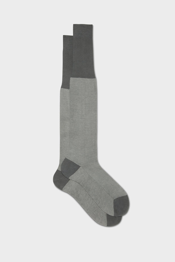 Bresciani - Calf Length Socks - Giulio 100% Cotton Herringbone Socks | Medium Grey (076) Bresciani