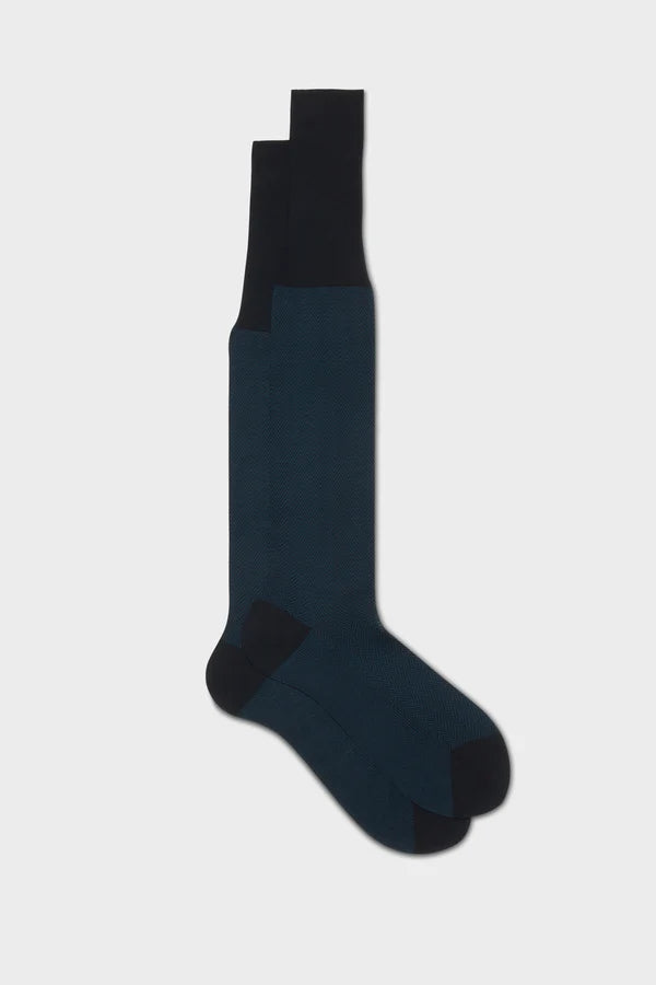 Bresciani - Calf Length Socks - Giulio 100% Cotton Herringbone Socks | Navy Bluette (002) Bresciani