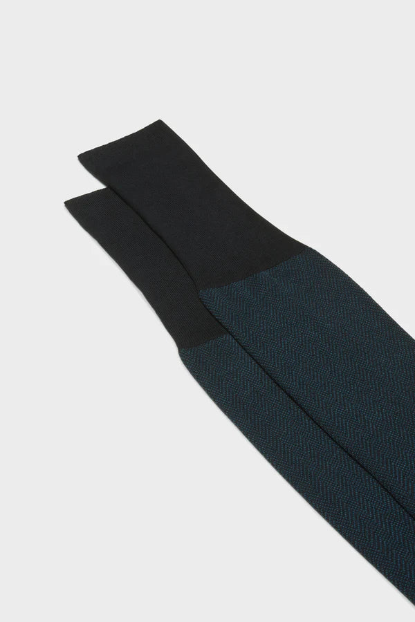 Bresciani - Calf Length Socks - Giulio 100% Cotton Herringbone Socks | Navy Bluette (002) Bresciani