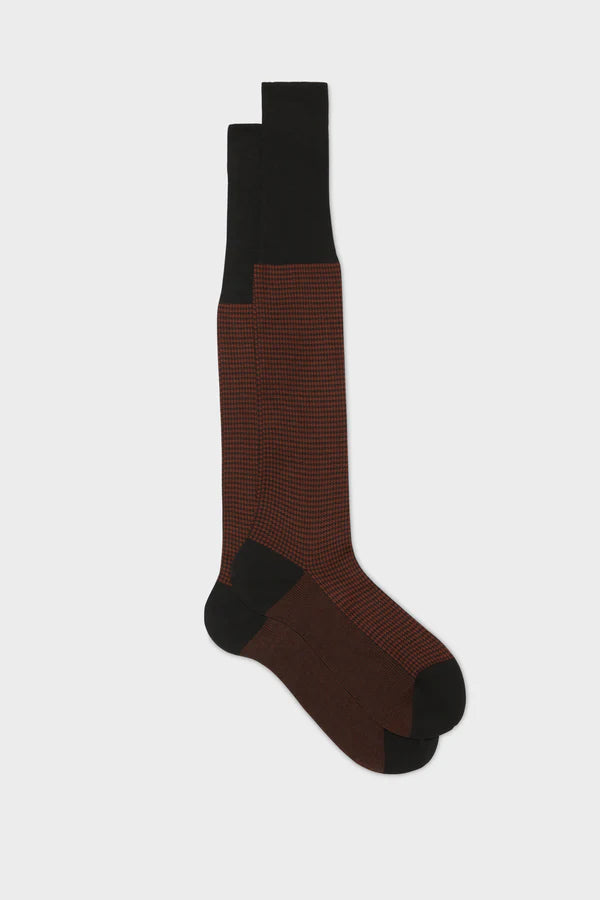 Bresciani - Calf Length Socks - Leo 100% Cotton Houndstooth Socks | Brown Caffe (054) Bresciani