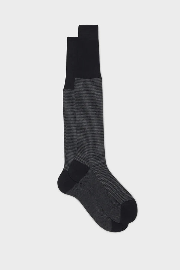 Bresciani - Calf Length Socks - Leo 100% Cotton Houndstooth Socks | Dark Grey (013) Bresciani