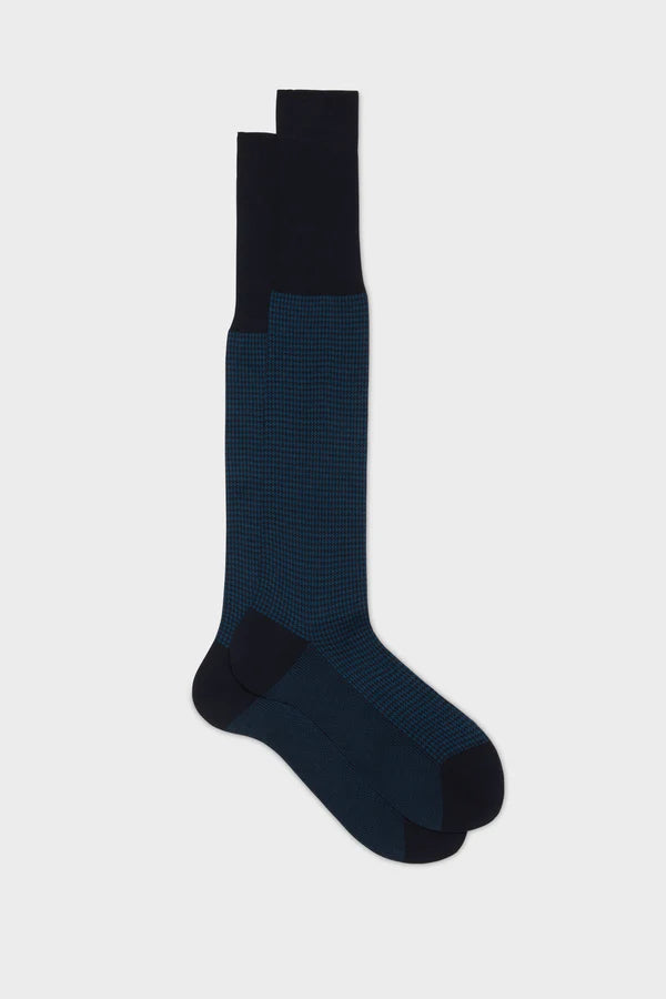 Bresciani - Calf Length Socks - Leo 100% Cotton Houndstooth Socks | Navy (004) Bresciani