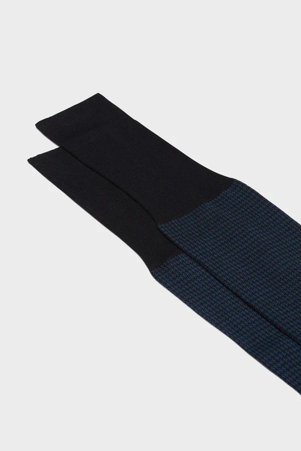 Bresciani - Calf Length Socks - Leo 100% Cotton Houndstooth Socks | Navy (004) Bresciani