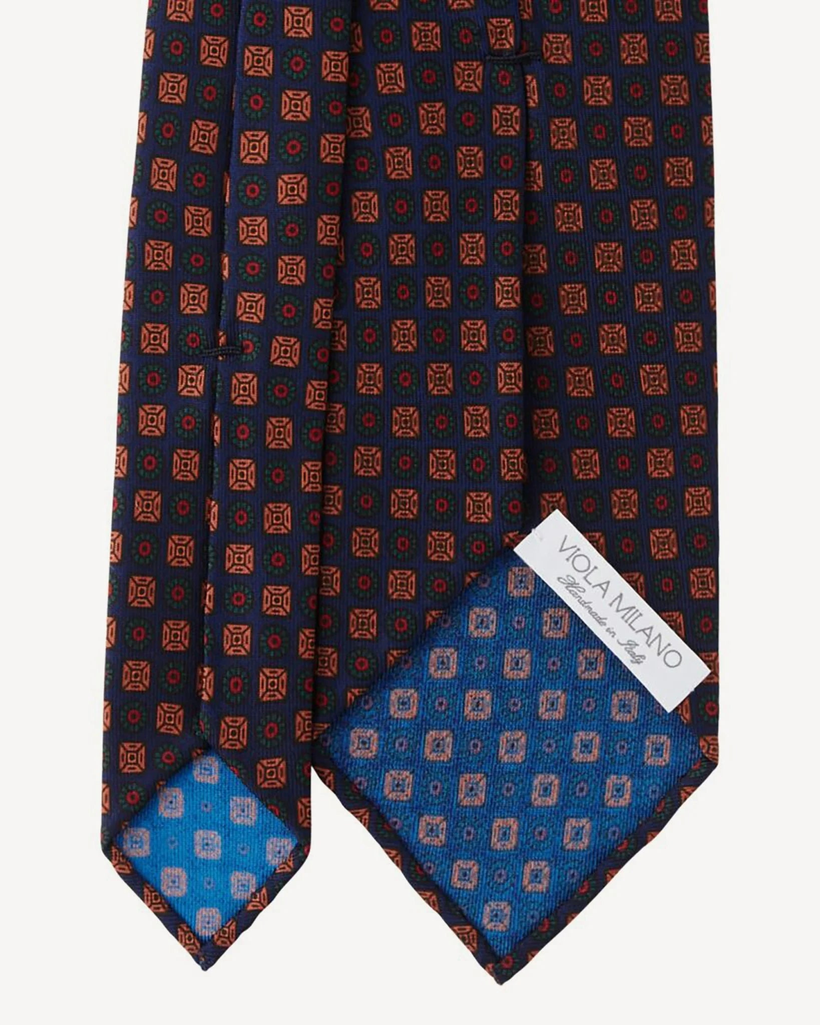 Viola Milano - Diamond Floral Handprinted Ancient Madder Silk Tie - Navy Mix Viola Milano
