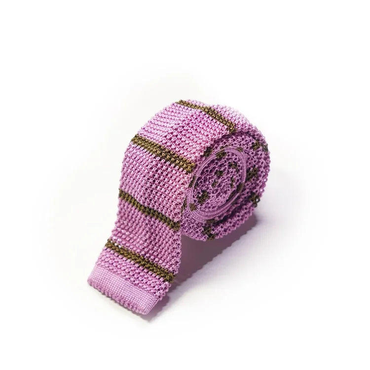 Rubinacci - Fuchsia Knitted Silk Grenadine Tie with Gold Stripes