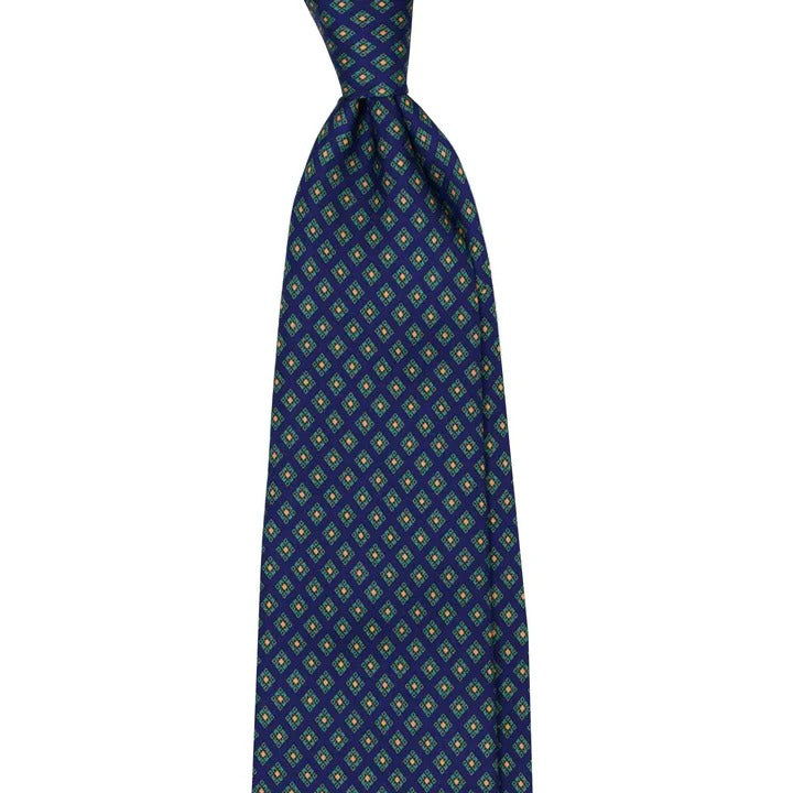 Sera Fine Silk - Navy Blue Silk Tie with Green Squares Pattern
